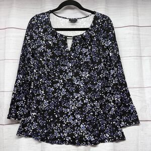 J. Jill Wearever Floral V-Neck Pleated Tunic Top Small Petite Black Purple